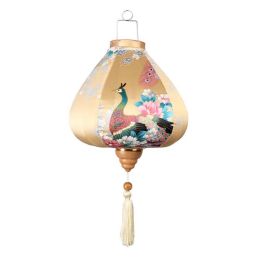 12 Inches Beige Peacock Satin Cloth Lantern Chinese Hanging Paper Lanterns Festival Decoration for Outdoor Party Wedding Garden