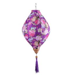 12inch Purple Peony Chinese Cloth Lantern Decorative Hanging Oval Shaped Paper Lantern Festival Outdoor Decoration