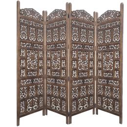 Classic 4 Panel Mango Wood Screen with Intricate Carvings, Brown