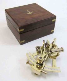 Nautical Brass Sextant With Anchor Inlaid Wooden Box, Brown and Gold