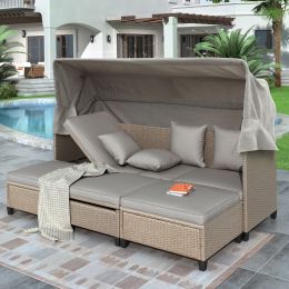 4 Piece UV-Resistant Resin Wicker Patio Sofa Set with Retractable Canopy, Cushions and Lifting Table,Brown
