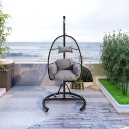 Hanging Swing Chair Outdoor Patio Wicker , PVC Rattan Swing Hammock Egg Chair with C Type Bracket , With Cushion and Pillow for Indoor,Outdoor, Gray