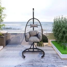 Hanging Swing Chair Outdoor Patio Wicker , PVC Rattan Swing Hammock Egg Chair with C Type Bracket , With Cushion and Pillow for Indoor,Outdoor, Gray