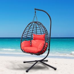 {Only Pick Up} Foldable Hanging Chair, Wicker Egg Chair With Stand For Outside, 300 LBS Capacity (Grey or Red) (Color: Red)