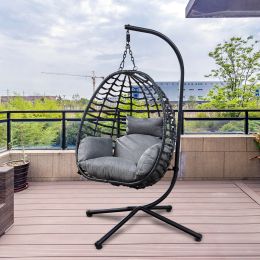 {Only Pick Up} Foldable Hanging Chair, Wicker Egg Chair With Stand For Outside, 300 LBS Capacity (Grey or Red) (Color: Grey)
