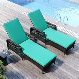 Outdoor patio pool PE rattan wicker chair wicker sun lounger, Adjustable backrest, beige cushion, Black wicker (2 sets) (Color: Green)