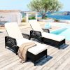 Outdoor patio pool PE rattan wicker chair wicker sun lounger, Adjustable backrest, beige cushion, Black wicker (2 sets)