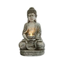 Meditating Sitting Buddha Solar Lights Outdoor Garden Patio Statue Light Decor (Color: gray)