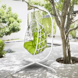 Swing Egg Chair with Stand Indoor Outdoor Wicker Rattan Patio Basket Hanging Chair with C Type bracket , with cushion and pillow(Banned from selling o (Color: White)