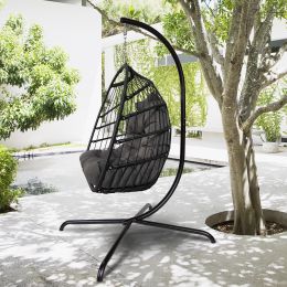 Swing Egg Chair with Stand Indoor Outdoor Wicker Rattan Patio Basket Hanging Chair with C Type bracket , with cushion and pillow(Banned from selling o (Color: black)