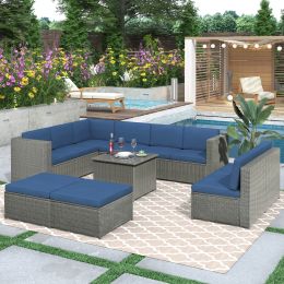 9 Piece Rattan Sectional Seating Group with Cushions and Ottoman, Patio Furniture Sets, Outdoor Wicker Sectional (Color: Grey)