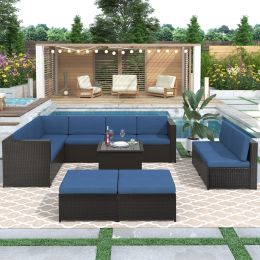 9 Piece Rattan Sectional Seating Group with Cushions and Ottoman, Patio Furniture Sets, Outdoor Wicker Sectional (Color: Blue)