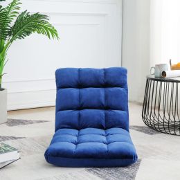 42-position adjustable backrest floor sofa chair, lounge chair with upholstered backrest, folding lazy chair for meditation, reading, watching, video (Color: Blue, material: Cotton-polyester)