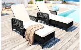 Outdoor patio pool PE rattan wicker chair wicker sun lounger, Adjustable backrest, beige cushion, Black wicker (2 sets)