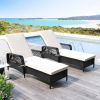 Outdoor patio pool PE rattan wicker chair wicker sun lounger, Adjustable backrest, beige cushion, Black wicker (2 sets)