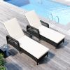 Outdoor patio pool PE rattan wicker chair wicker sun lounger, Adjustable backrest, beige cushion, Black wicker (2 sets)